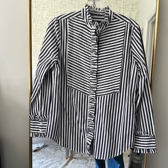 J. Crew Tops - J.Crew white and navy blue striped tuxedo bib shirt